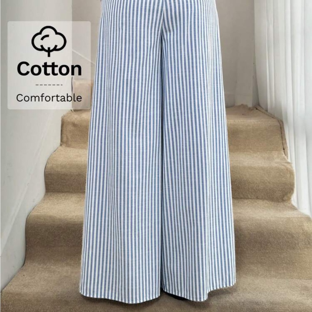 Striped Blue & White Wide-Leg Slit Pants - Picture 7 of 9